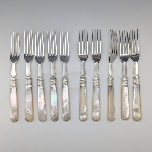 約 1881 年英國古董白色珍珠手柄甜點餐具 10 對套裝木盒裝